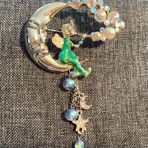 Moon Face Brooch W/Angel Blowing Bubbles, Unsigned, 2” Dangle